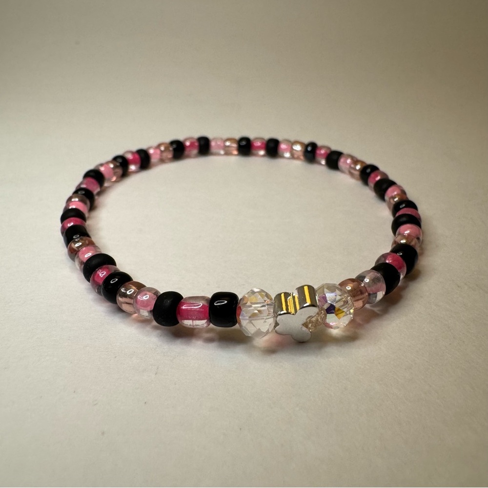 Hand Crafted Chic Pink and Black Beaded Bracelet with Crystal Accent & Butterfly